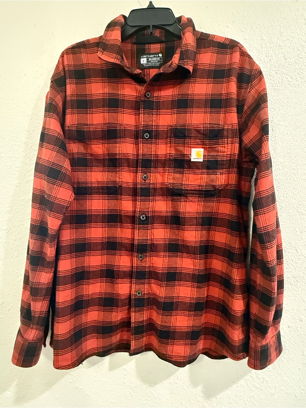 Carhartt Men's Orange and Black Plaid Button-Down Shirt